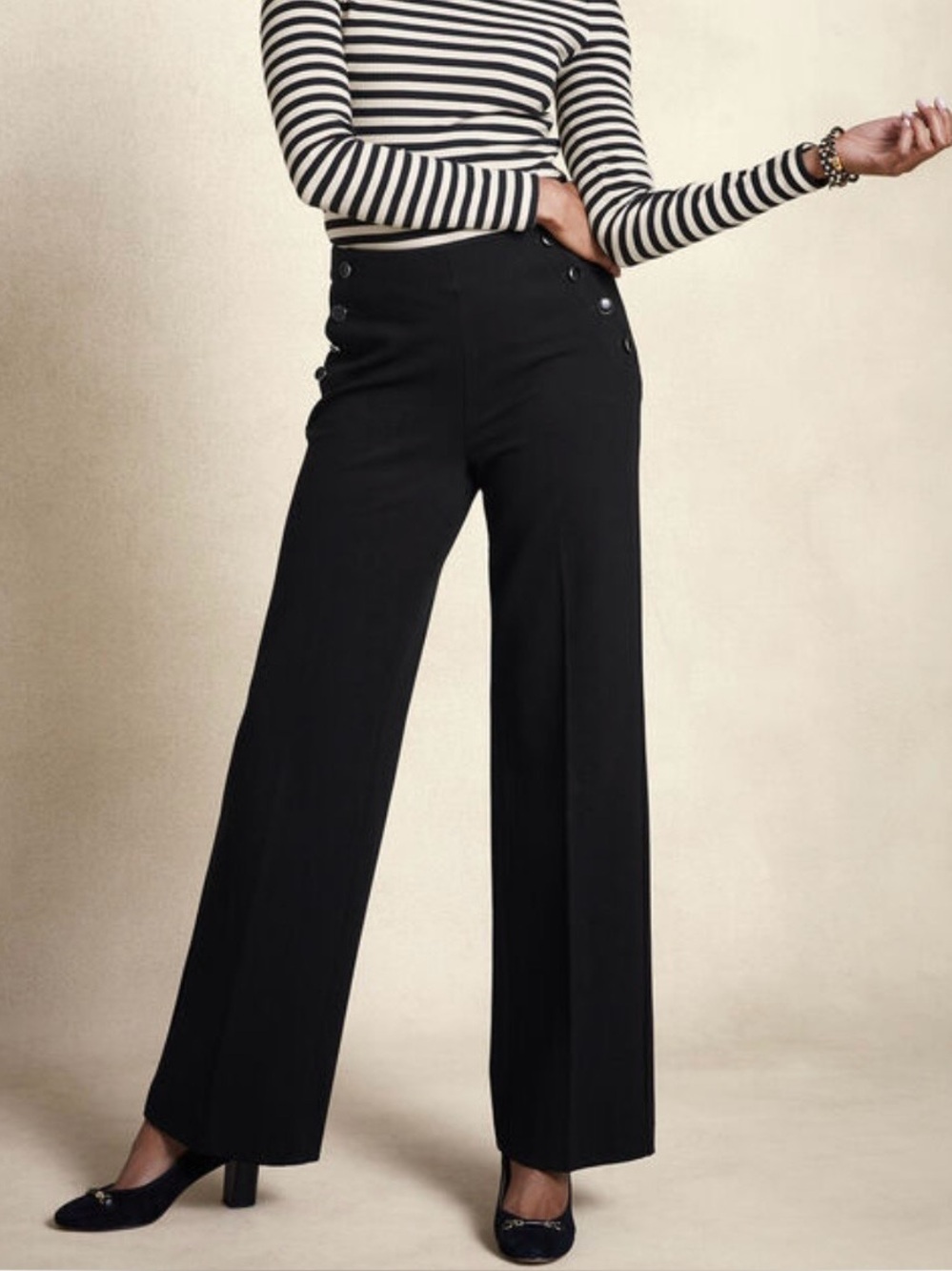 TALBOTS Greenwich Career Preppy Classic Black Wide-Leg Button Detail Pants SZ 10